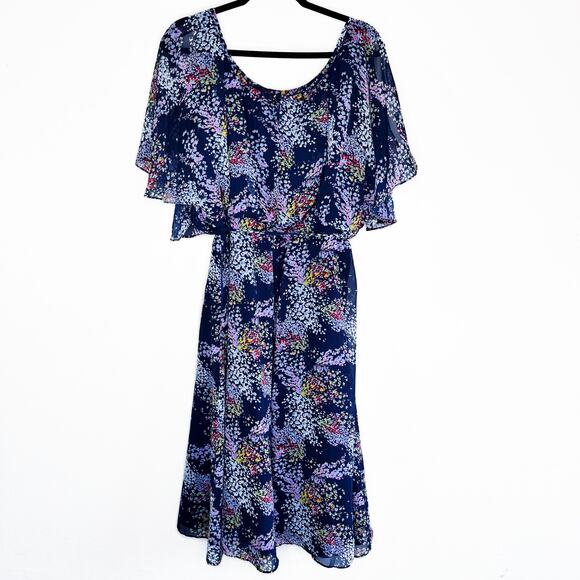 ModCloth Fiore Your Entertainment Flora Navy Blue Floral Cold Shoulder Dress Lg - Picture 15 of 16